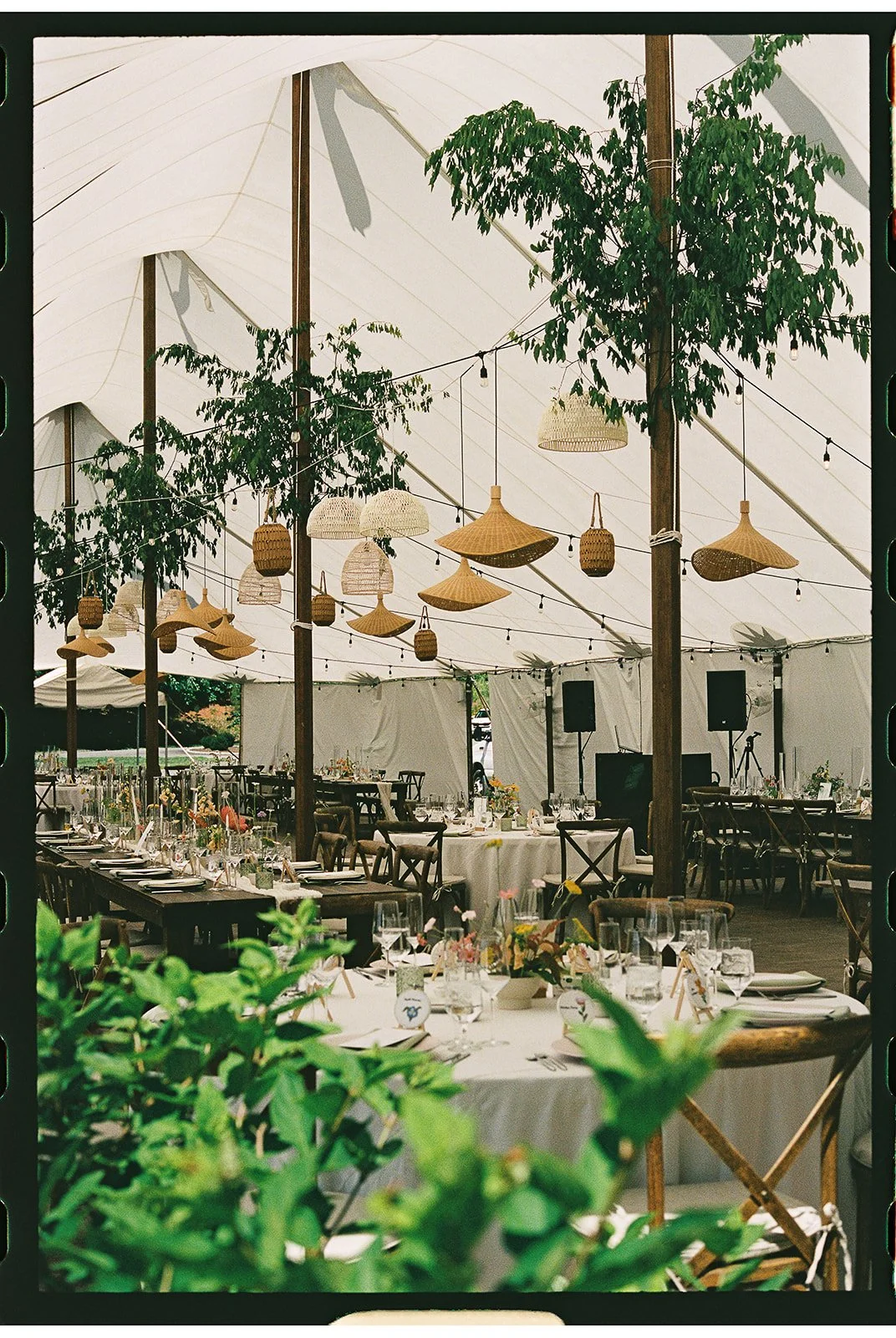Indoor event space decorated for a celebration with round and rectangular tables set with white tablecloths, glassware, and floral centerpieces. Hanging woven lampshades and lanterns adorn the ceiling. Green plants are visible in the foreground, and 