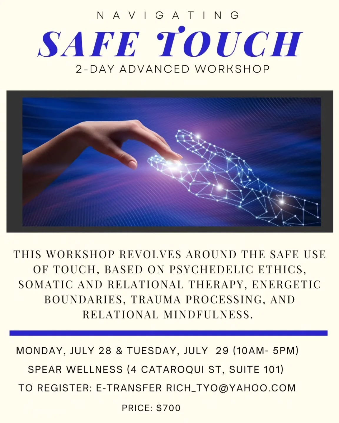 Join us for an upcoming 2-day workshop on safe touch at @spearwellnesscentre. This workshop is for anyone curious about utilizing safe touch in their practice. We dive into demos, discussions, dyad work, experiential practices, and more! 

Touch can 