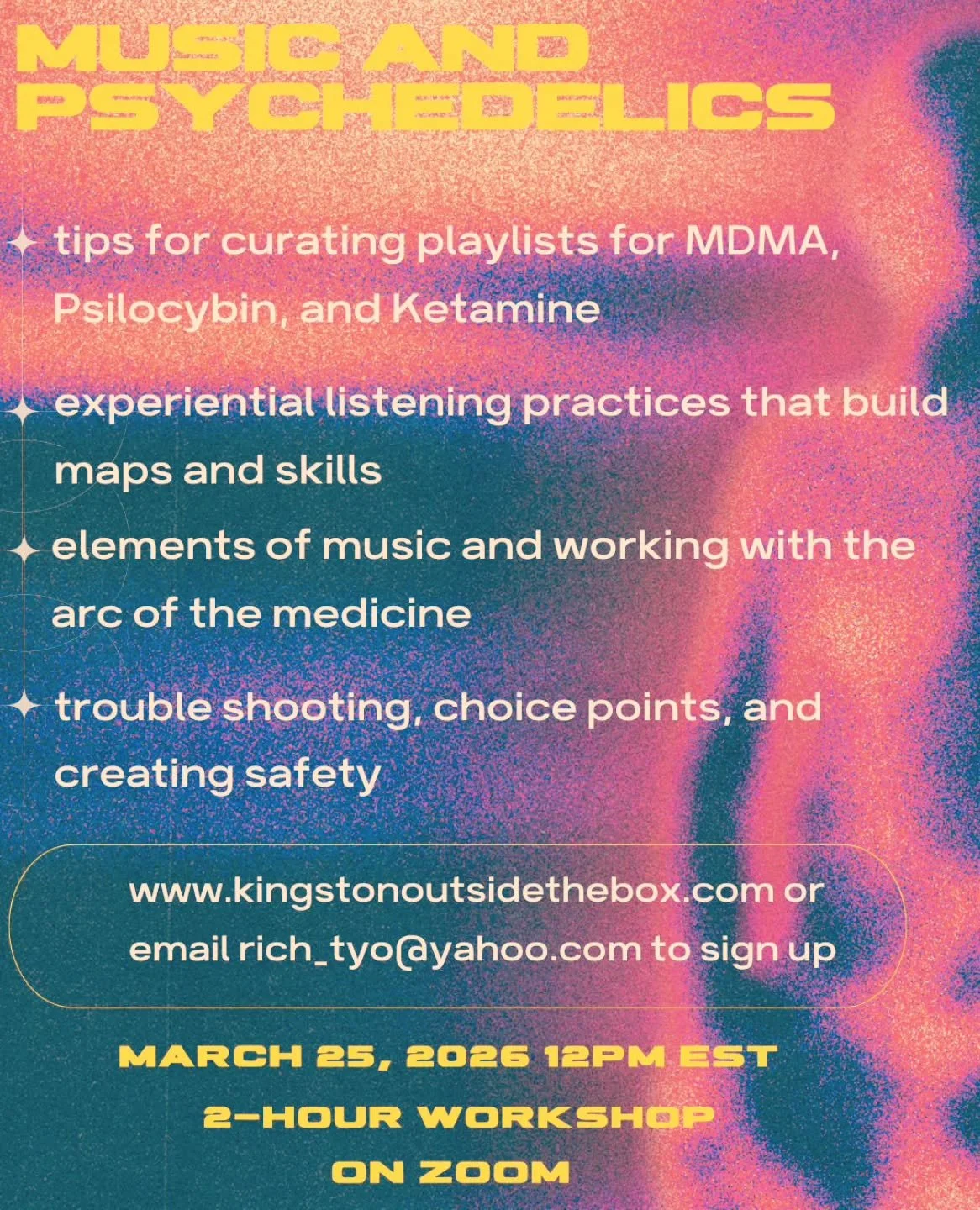 Join is for a 2-hour workshop on music and Psych4delics on March 25th at 12pm EST via zoom.

Lots of great info on curating playlists for various experiences, experiential learning, and time for questions!

Watch our story for the link! 

#musicismed