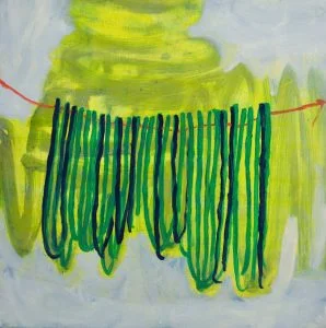 Meg Hahn, On a String , 2016, oil on panel, 12”x12”
