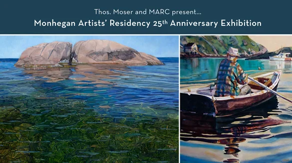 Left: Top of Rocks and What’s Below , by Sarah Knock, oil on canvas, 26” x 34” Right: Monhegan Lobsterman Rowing , by Michael E. Vermette, watercolor, 19” x 24”