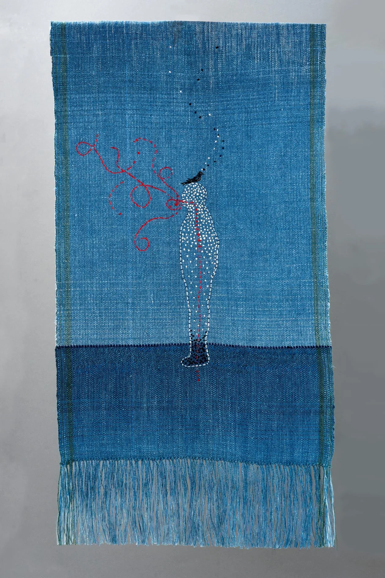 Sarah Haskell, Secrets of the Infinite , indigo dyed, woven linen, cotton embroidery thread, 15"x28”, 2017