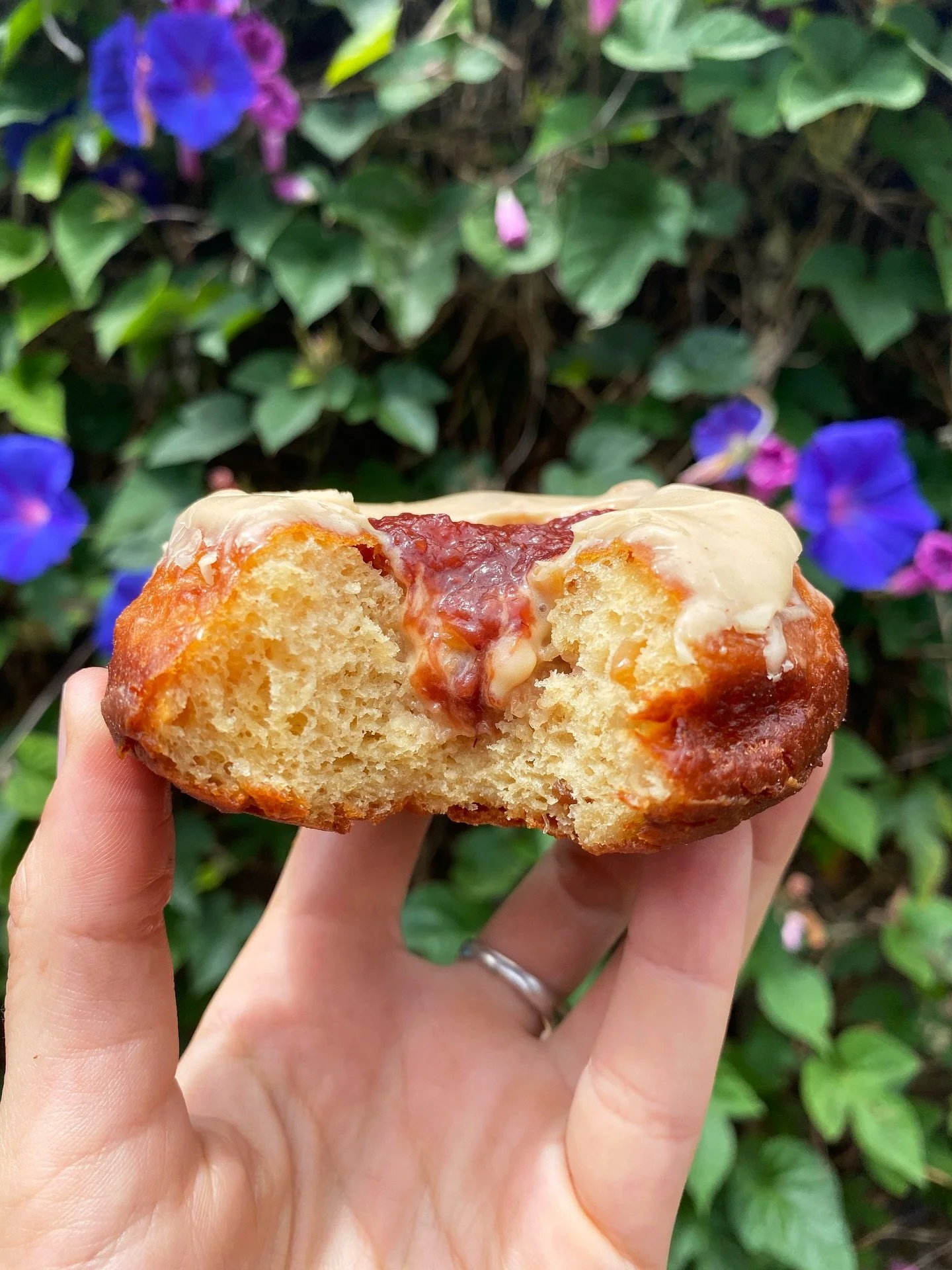 Peanut Butter &amp; Jelly is back!

🥜 A peanut butter donut dipped in a nutty peanut butter glaze and filled with sweet strawberry jam.