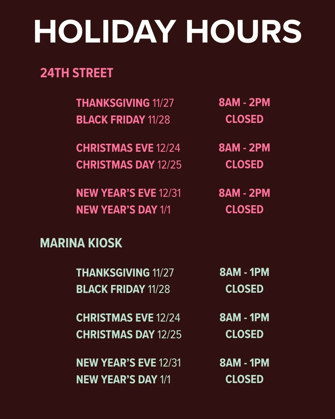 Take a peek at our holiday hours