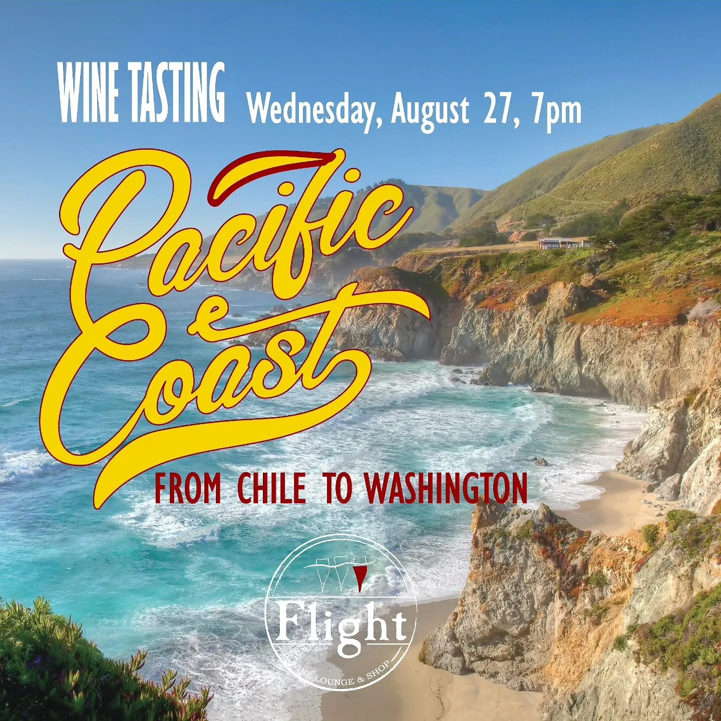 One coast. One night. Only @flightwinelounge.

On Wed. Aug. 27th, come spend an evening with us  discovering wines of the Pacific Coast, from Chile to Washington. 

Wine education, tasty bites, friends &amp; 5 expressive wines! Don't miss out -link i