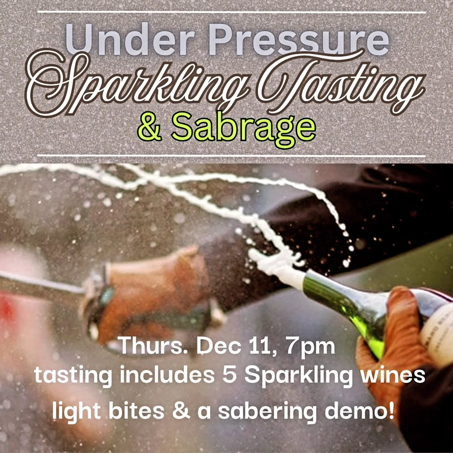 ✨️Our last tasting of the year and it is going to be a spectacle - will be opening bottles with a sword! 🗡🍾

Join us Dec. 11th, 7pm for our annual Sparkling Wine tasting featuring 5 wines (inc. 2 Champagnes), light bites &amp; a sabrage demo!

Fun,