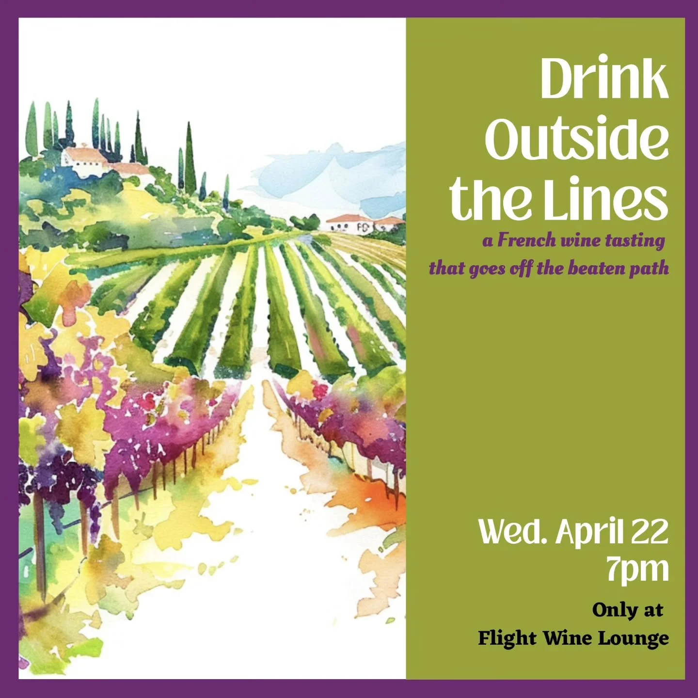 🍇🍇April Wine Tasting 🍇🍇

Forget everything you think you know about French wine. Join us for a tasting that wanders off the map into unexpected grapes and hidden wine regions. 

These are the wines that make you say "wait, what is this?&quot