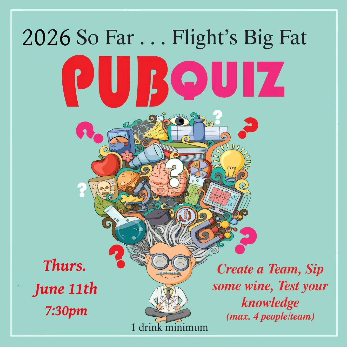 🧠 ⁉️ TRIVIA NIGHT Thurs. June 11th. Come test your knowledge on all things 2026 so far, plus a few other categories. 

The fun kicks off at 7:30 so come in early to secure a seat and settle in with some wine &amp; bites.

#flightwinelounge #triviami