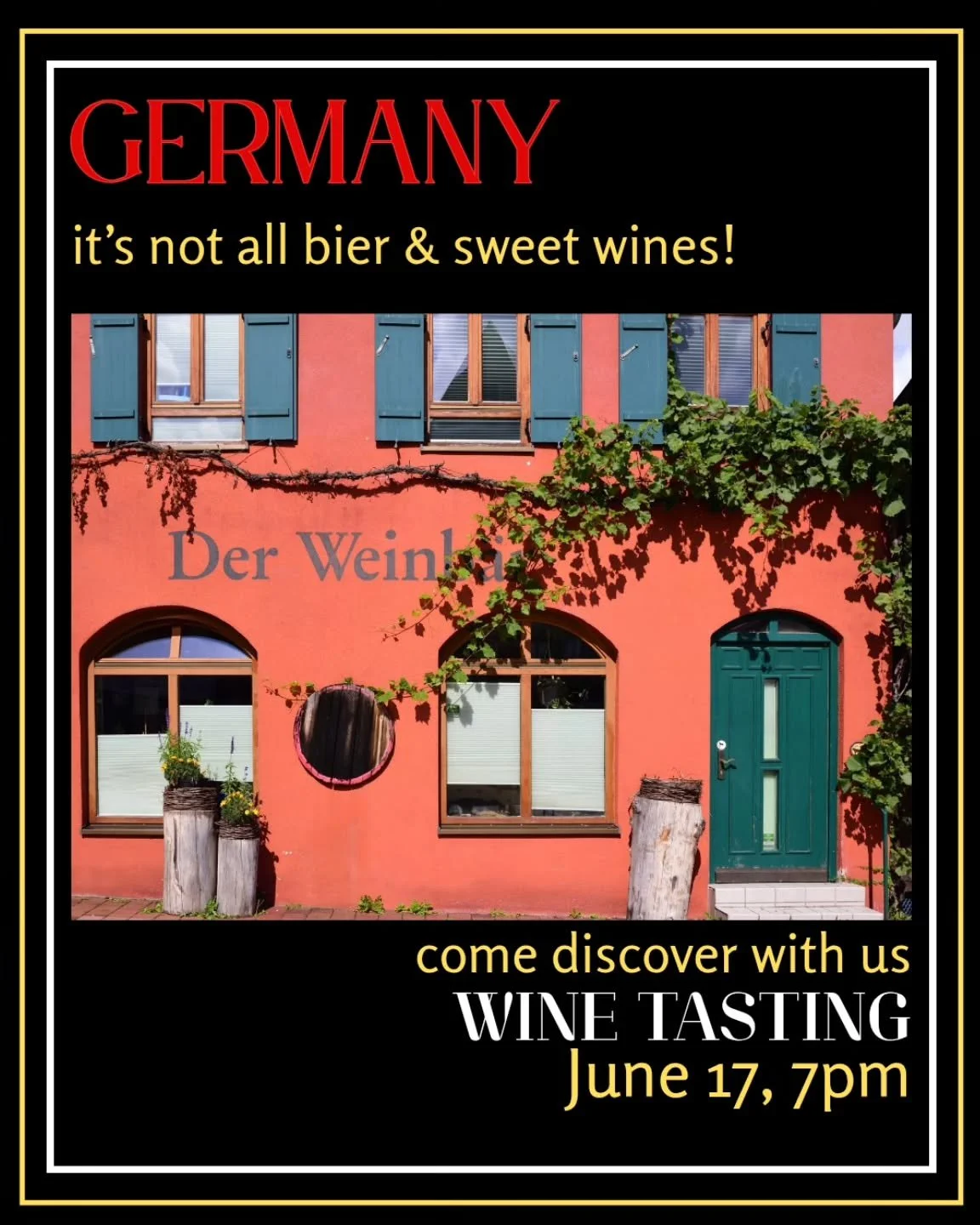 🍇🍇 June Wine Tasting 🍇🍇

Did you know that Germany is one of the top 10 wine producing countries in the world? And, it isn't only sweet Rieslings!

Join us June 17th to discover some dry, mineral-driven whites and some elegant reds that are perfe