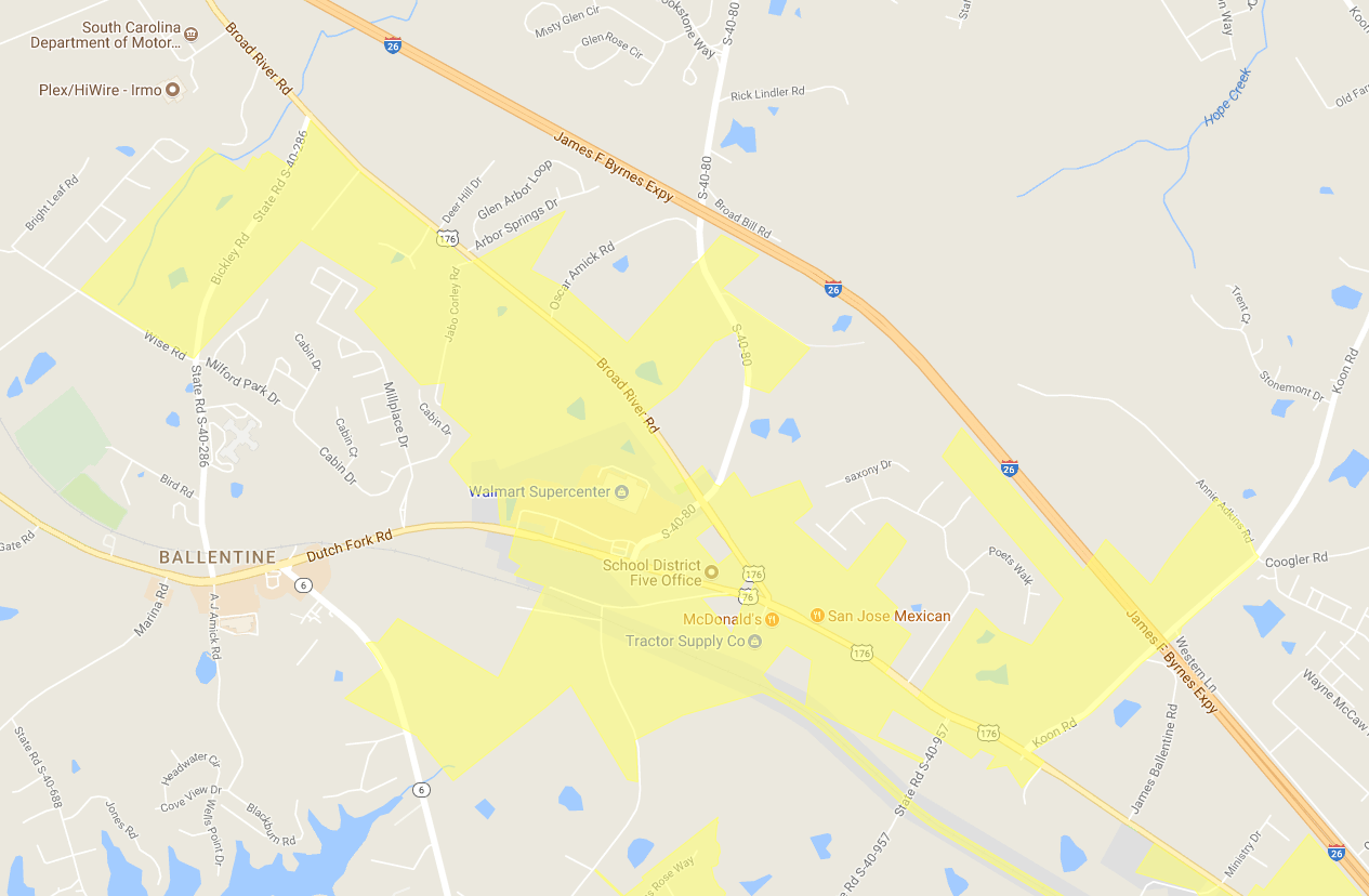 Areas in yellow have been annexed by the Town of Irmo.