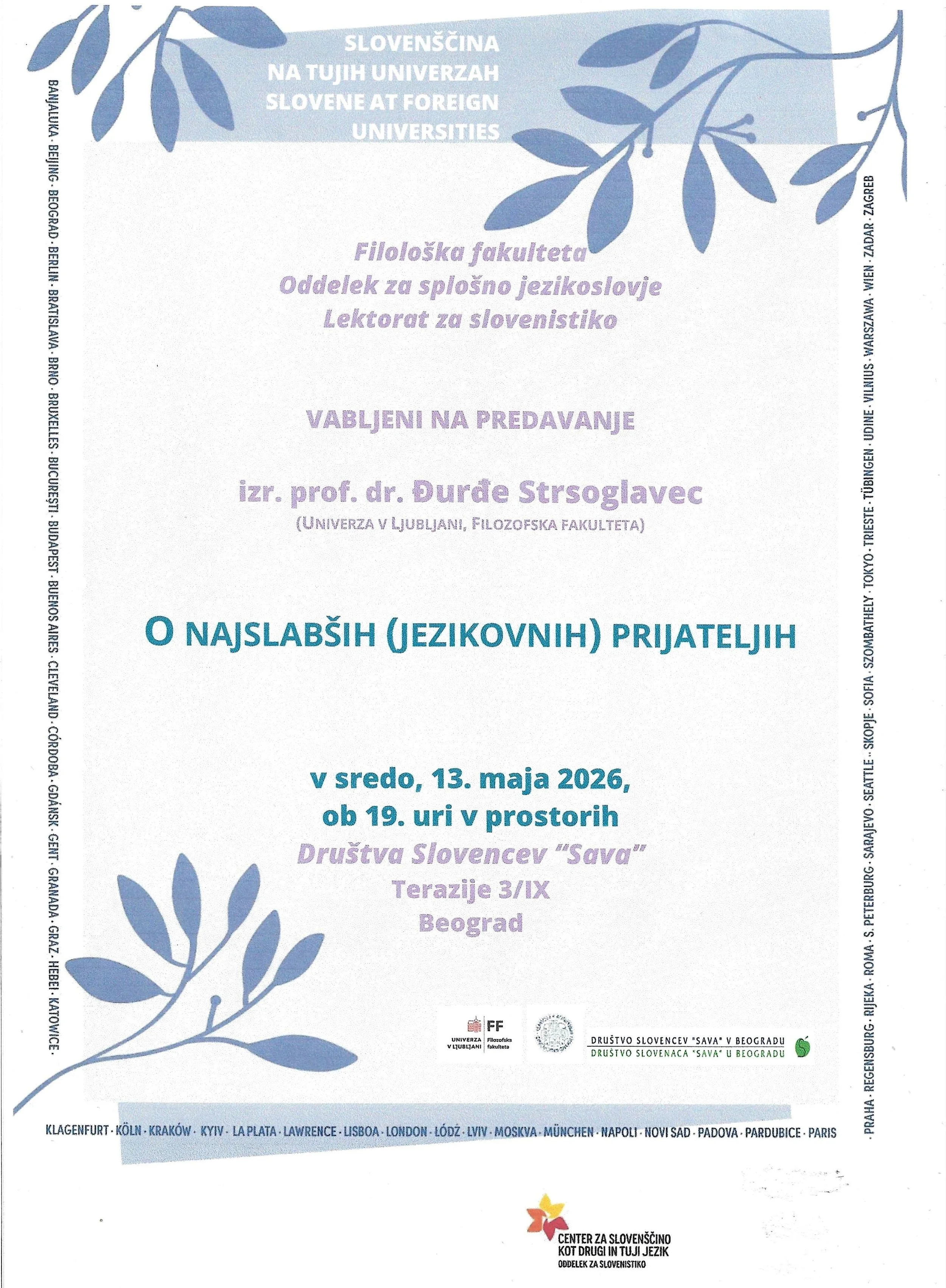 PREDAVANJE PROF.DR. ĐURĐE STRSOGLAVEC, V SREDO, 13.5.2026 OB 19. URI