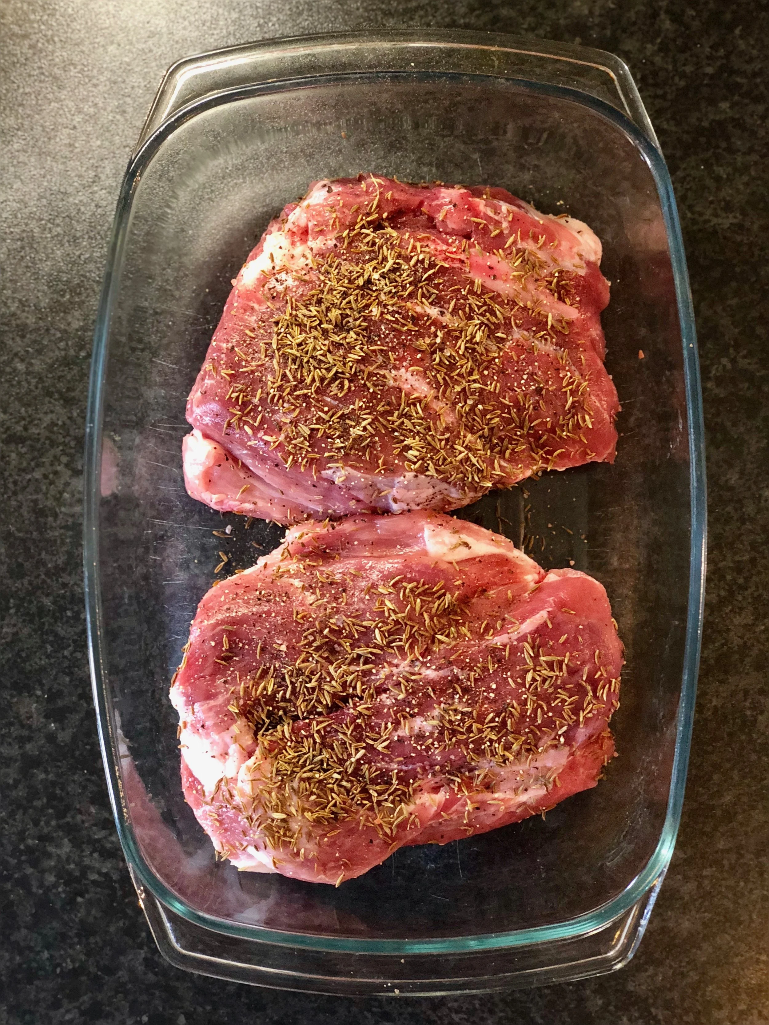 Pork seasoned with caraway seeds.