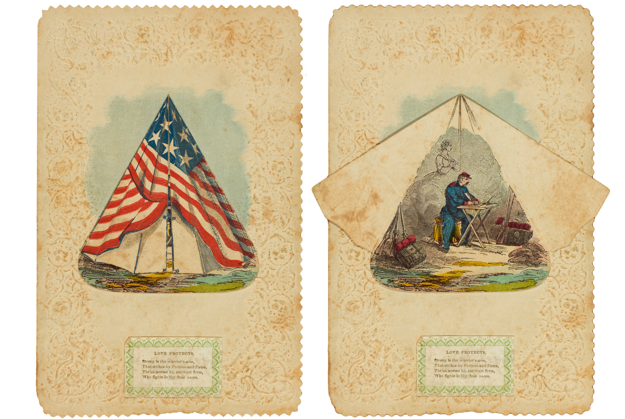 A Civil War Valentine dated Feb. 14, 1863. The tent’s flaps open to reveal a soldier composing a love letter while envisioning his beloved.
