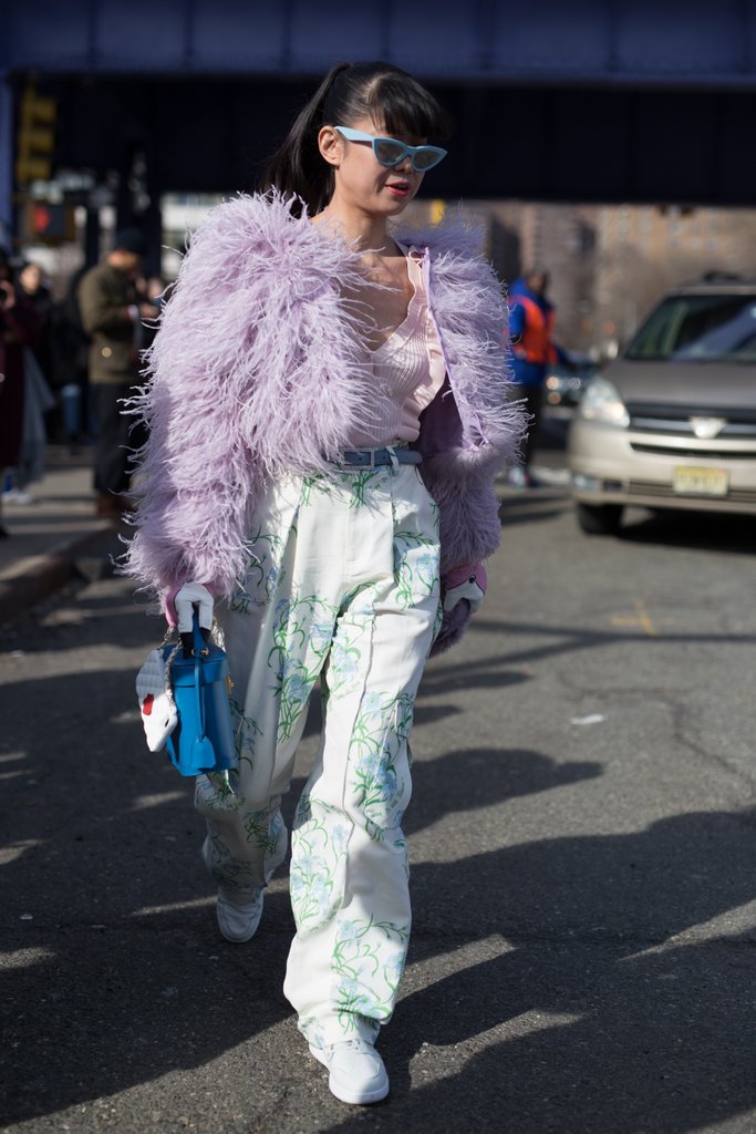 Go the extra mile with a feathery lavender jacket.