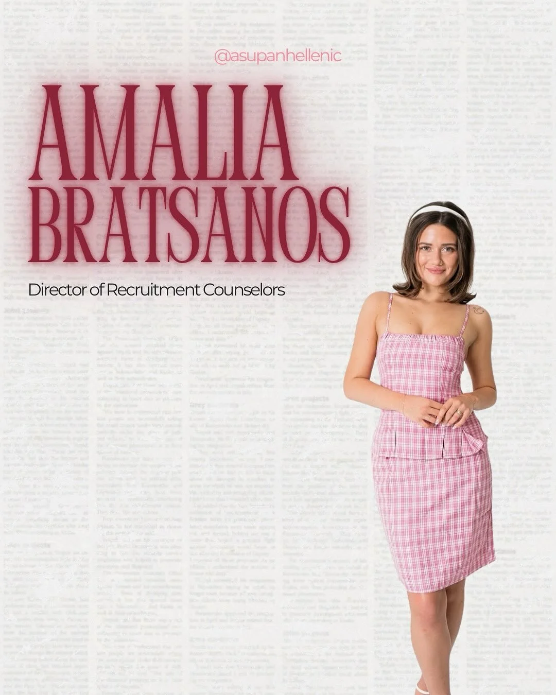 ✨PAN EXEC SPOTLIGHT✨
Meet Amalia Bratsanos, our incredible Director of Recruitment Counselors! 💫💖

Amalia is the guiding force behind our Recruitment Counselors (Rho Gammas), making sure they feel prepared, supported, and empowered to lead potentia