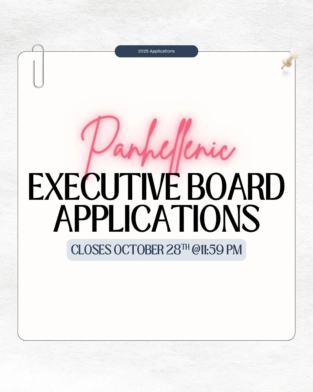 Panhellenic Executive Board Applications for 2026 are officially OPEN! 🌸
If you&rsquo;re ready to make an impact, lead our community, and grow as a leader &mdash; this is your chance! 💫

🗓 Applications close October 28th at 11:59 PM
🔗 Check the l