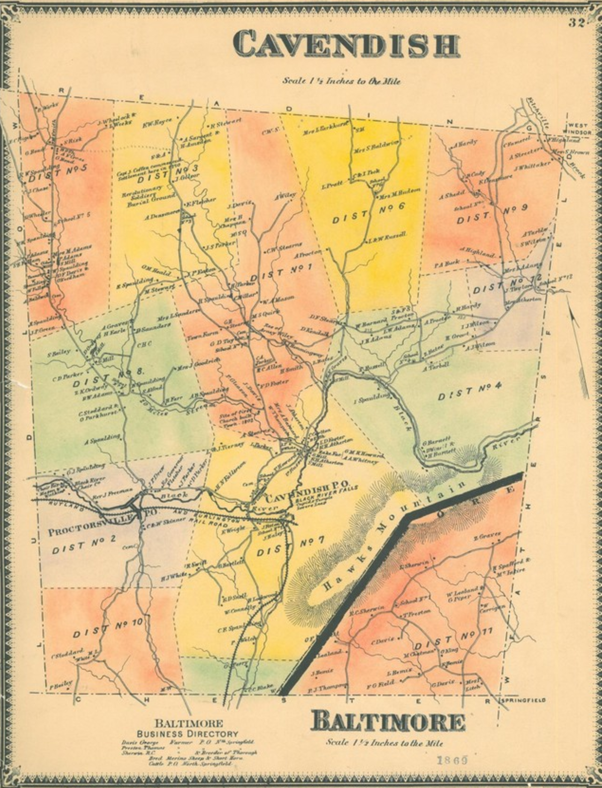 1869 Map of the Town of Cavendish | Beers Atlas 1869 Includes the ten historic school districts