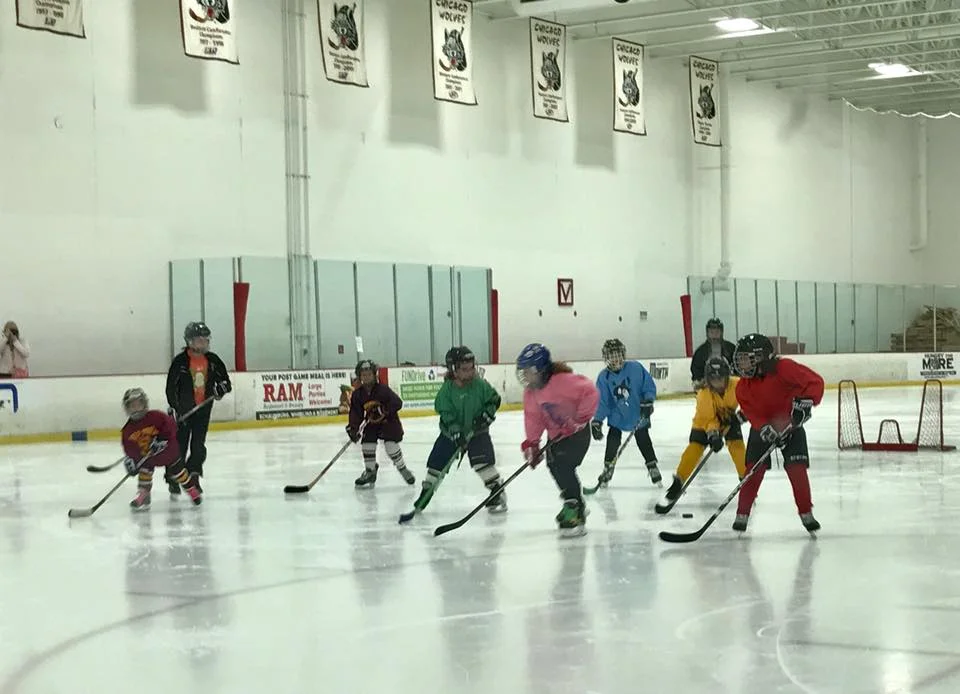 Wolverines players and coaches assisting beginner/mite girls at Give Hockey A Try event, July 2017