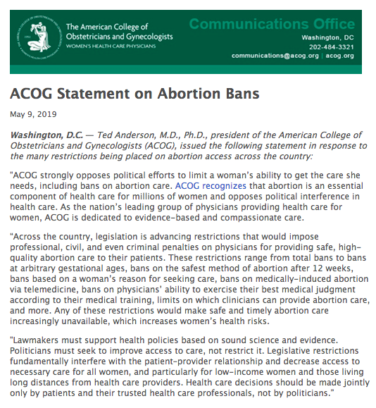 Source: https://www.acog.org/About-ACOG/News-Room/Statements/2019/ACOG-Statement-on-Abortion-Bans?IsMobileSet=false