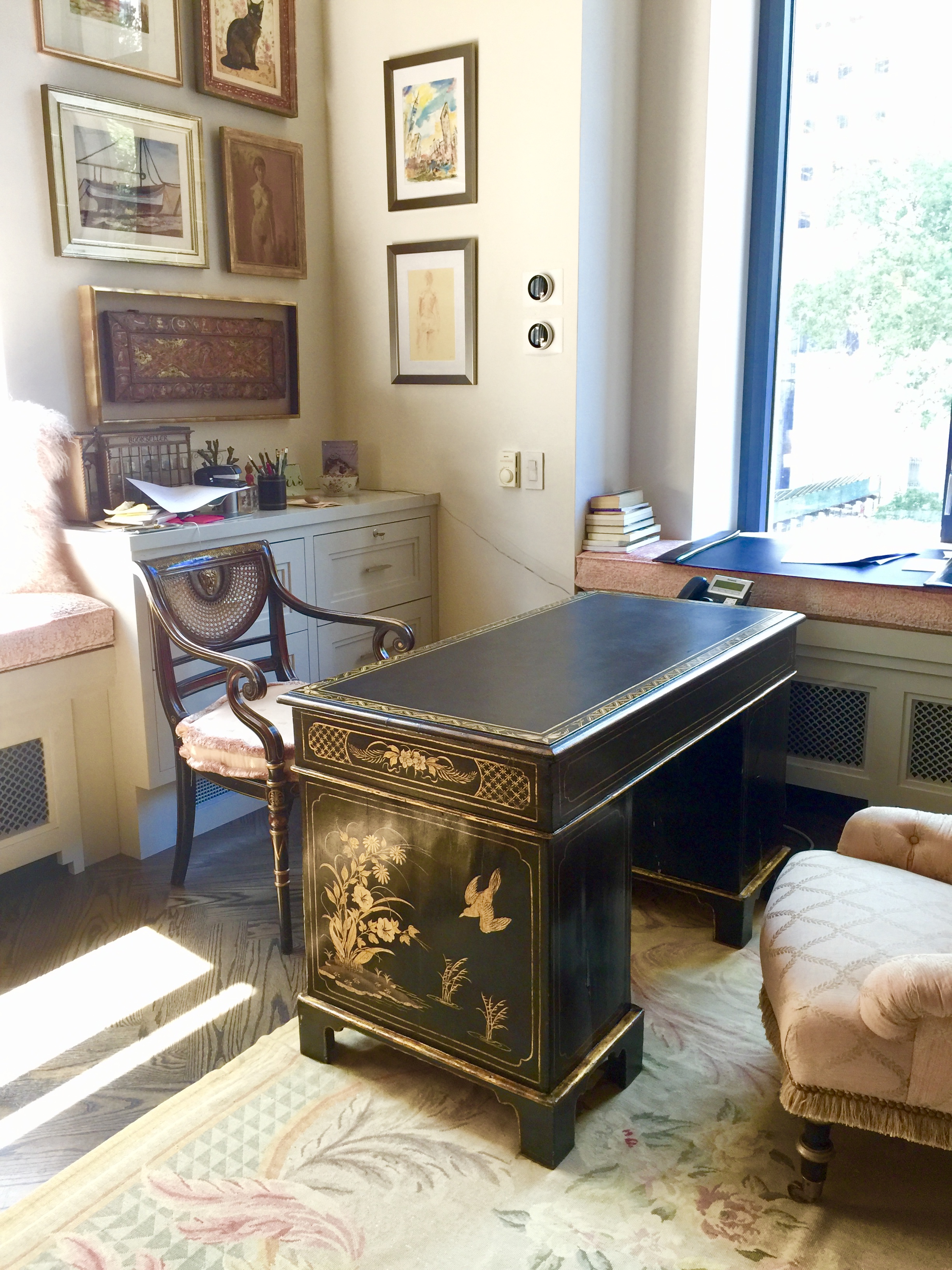 office with custom cabinetry and restored antique desk