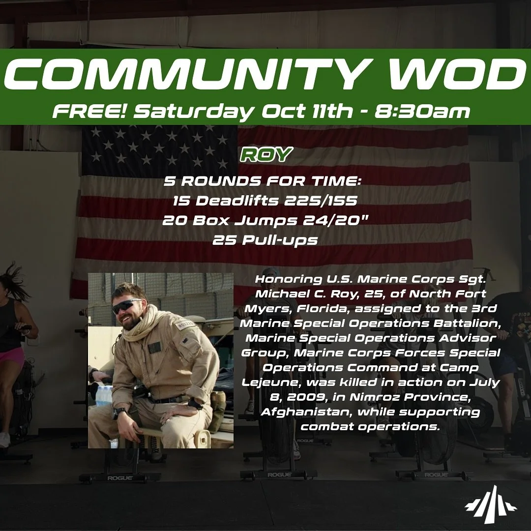 🌟 FREE COMMUNITY HERO WOD 🌟

This Saturday, we honor a fallen hero, and his sacrifice with a workout that brings our community together in strength and gratitude. 💪🏽❤️🇺🇸

✨ What to expect:
✅ A powerful workout done in honor and remembrance
✅ A 