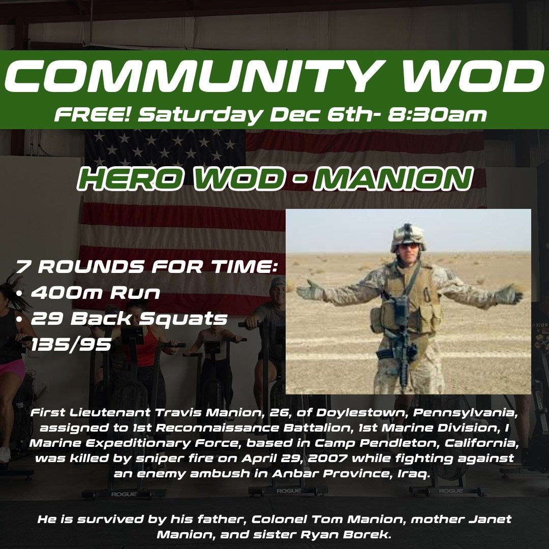 FREE COMMUNITY HERO WOD 🌟

This Saturday, we honor a fallen hero, and his sacrifice with a workout that brings our community together in strength and gratitude. 💪🏽❤️🇺🇸

✨ What to expect:
✅ A powerful workout done in honor and remembrance
✅ A cha