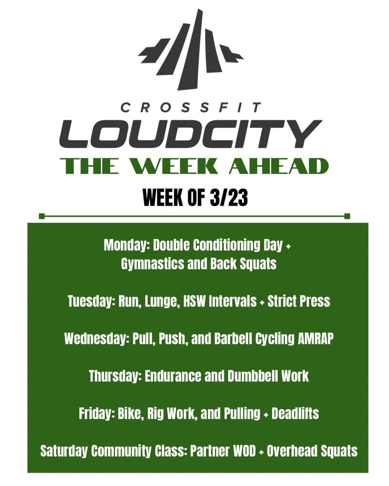 New week. New opportunities to get better. 🔥
From conditioning and barbell cycling to a partner workout on Saturday &mdash; this week is stacked!!

Show up, put in the work, and let&rsquo;s make it a good one. 💪

See you in class!