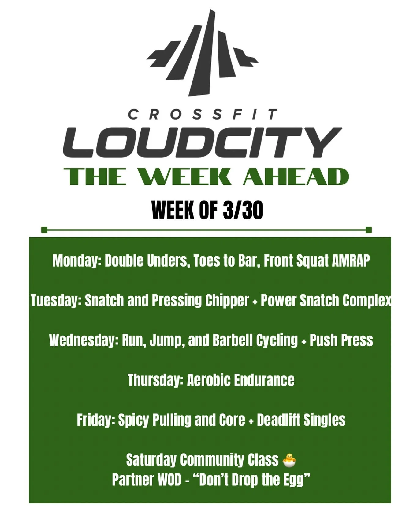 New week. New work. 🔥
Here&rsquo;s what&rsquo;s coming up at Loud City this week! From double unders and toes to bar to barbell cycling and deadlift singles&hellip; we&rsquo;ve got a little bit of everything.

And don&rsquo;t forget 👀 FREE Saturday