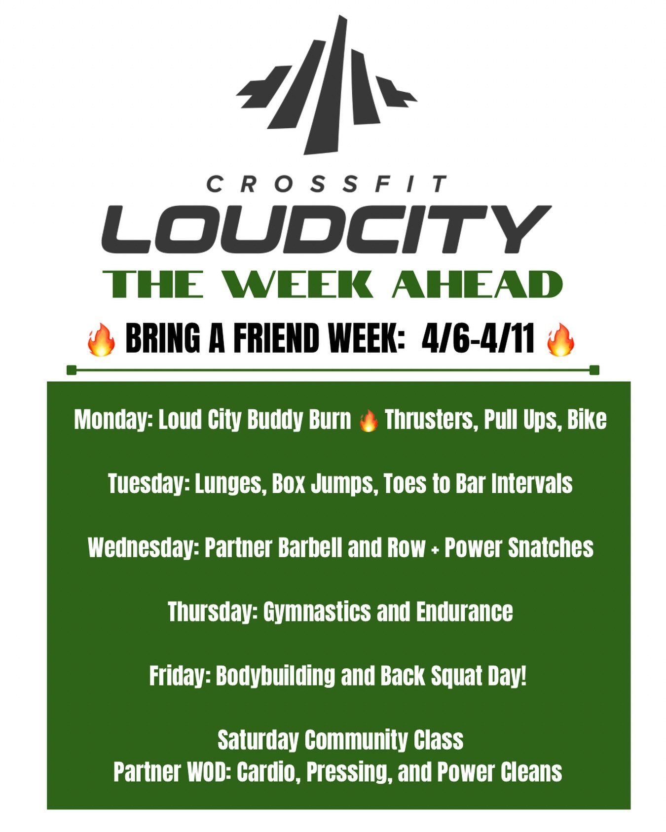 It&rsquo;s Bring a Friend Week at Loud City! 🔥

Ever wanted to show someone why you love this place? Now&rsquo;s your chance!

Bring a friend to any class this week and let them experience the workouts, the coaches, and the community that make Loud 