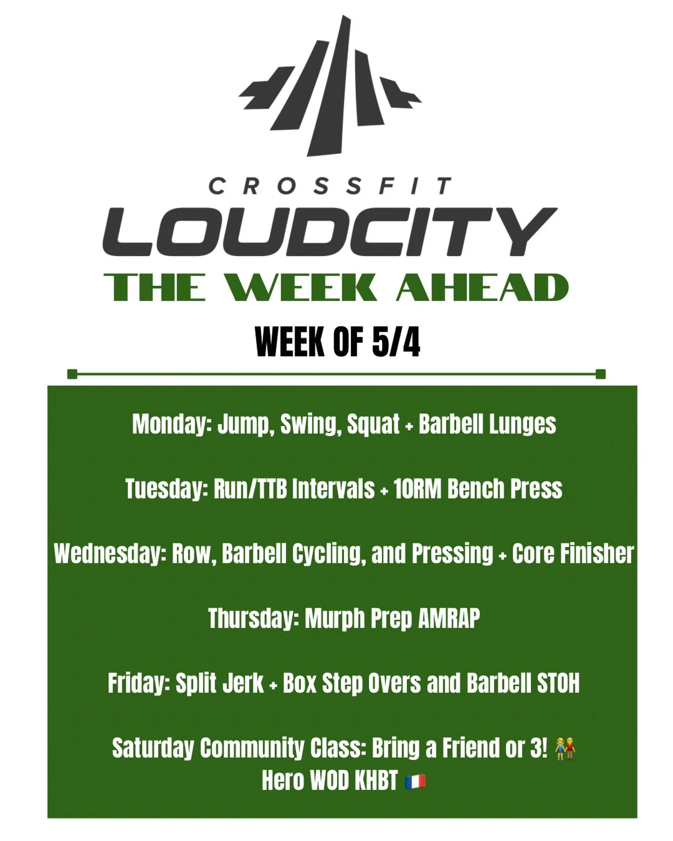 The week ahead is looking strong 💪

We&rsquo;re jumping, lifting, running, rowing&mdash;and getting ready for Murph 🇺🇸

Saturday = FREE Community WOD
Free. Fun. Open to everyone. Bring your people and come sweat with us 👊!

Ready to try out your 