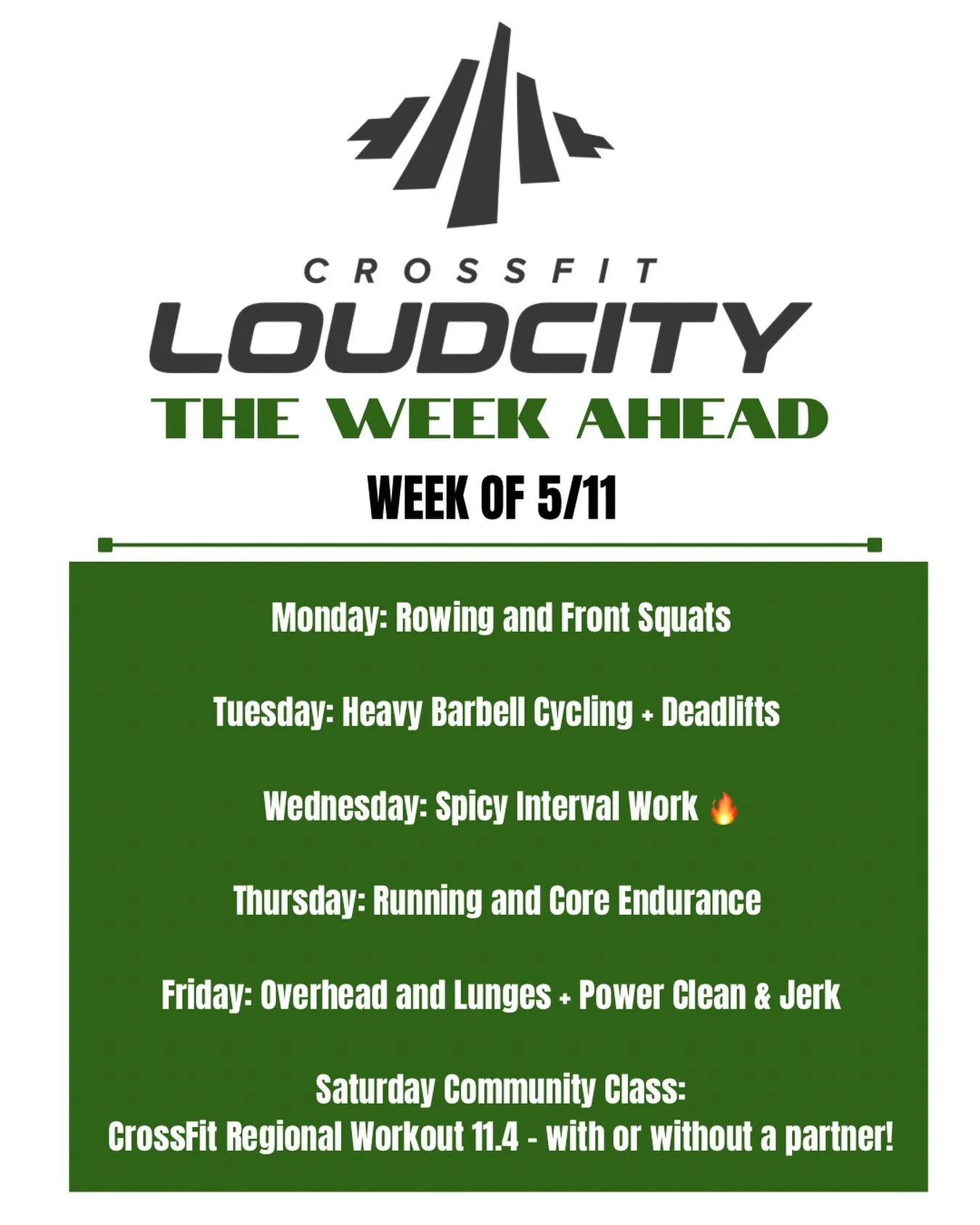 New week. New opportunities to get stronger. 👊

From heavy barbell cycling to spicy interval work 🌶️ to a throwback Regional workout on Saturday&hellip; this week is STACKED! 

Show up. Put in the work. Trust the process.
We&rsquo;ll handle the pro