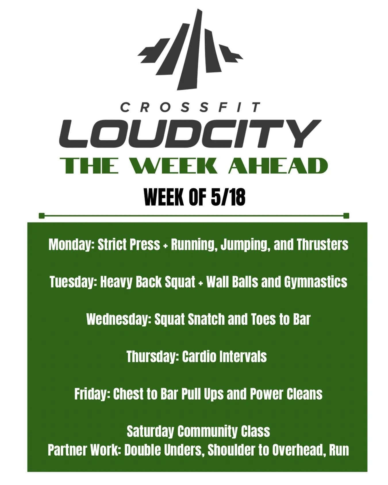 Heavy squats. Olympic lifting. Gymnastics. Cardio. Community Saturday. All that&rsquo;s missing is you!! 

Loud. Loyal. Consistent.
See you in the gym this week 💚 shoot us a DM or see link in stories to try out your first class FOR FREE! Can&rsquo;t
