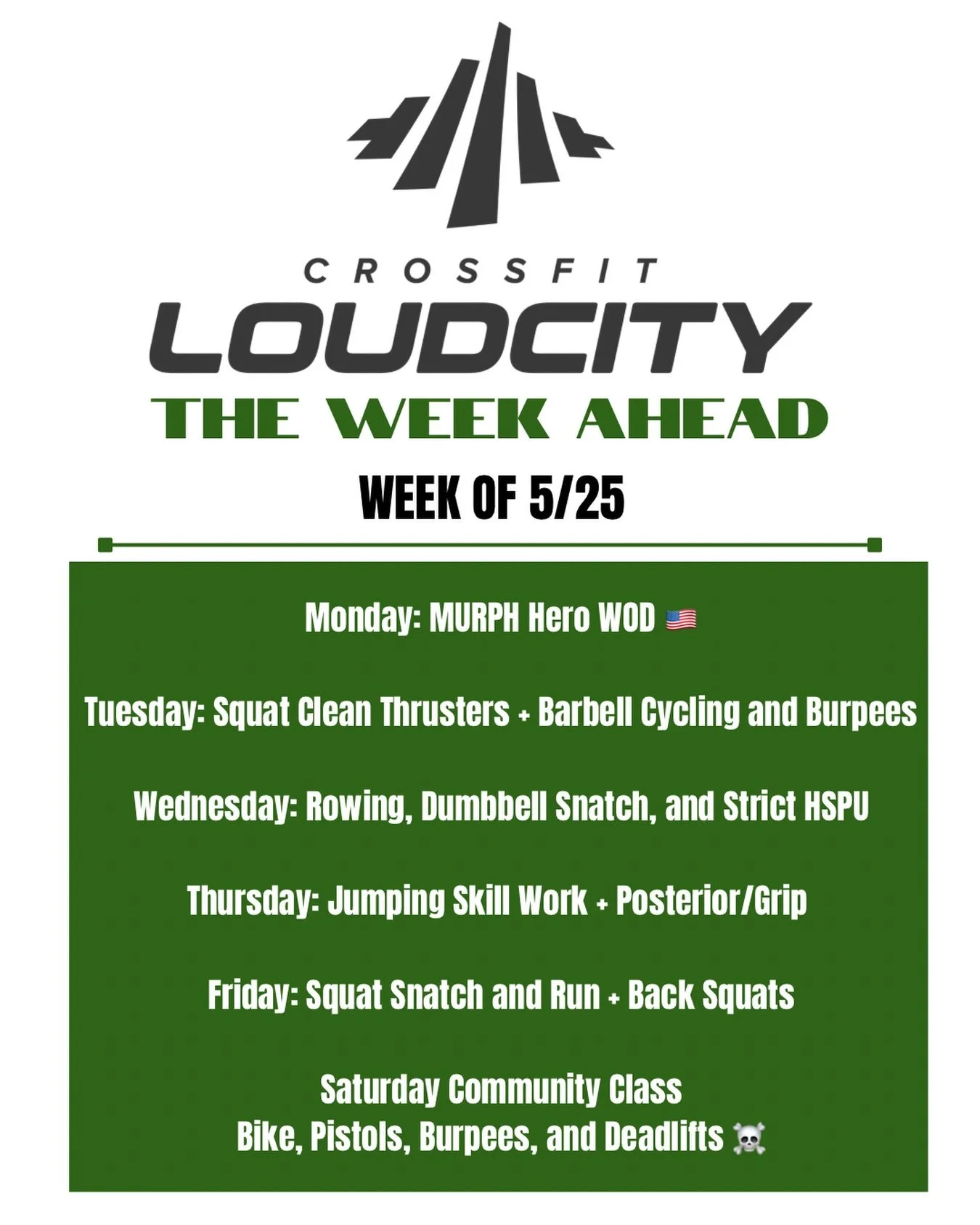A little sweat, a little suffering, and a whole lot of fun ahead 😅🔥

From Murph on Monday 🇺🇸 to squat snatches, barbell cycling, HSPU, and a spicy Saturday finisher&hellip; this week is stacked. Show up, put in the work, and let&rsquo;s keep buil
