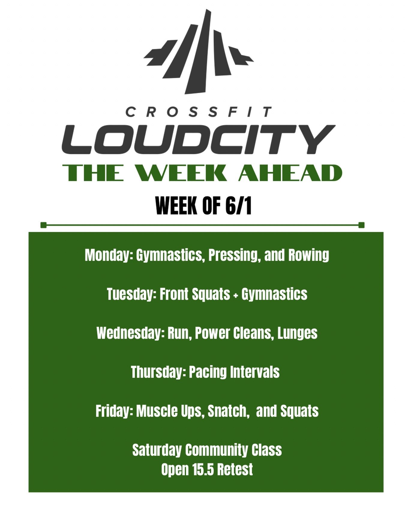 A new week to get stronger 💪 Gymnastics, squats, cleans, intervals, and a little Open throwback on Saturday 👀

Let&rsquo;s get to work, Loud City! 

If you&rsquo;ve been thinking about trying CrossFit, looking for something new, or ready to check u