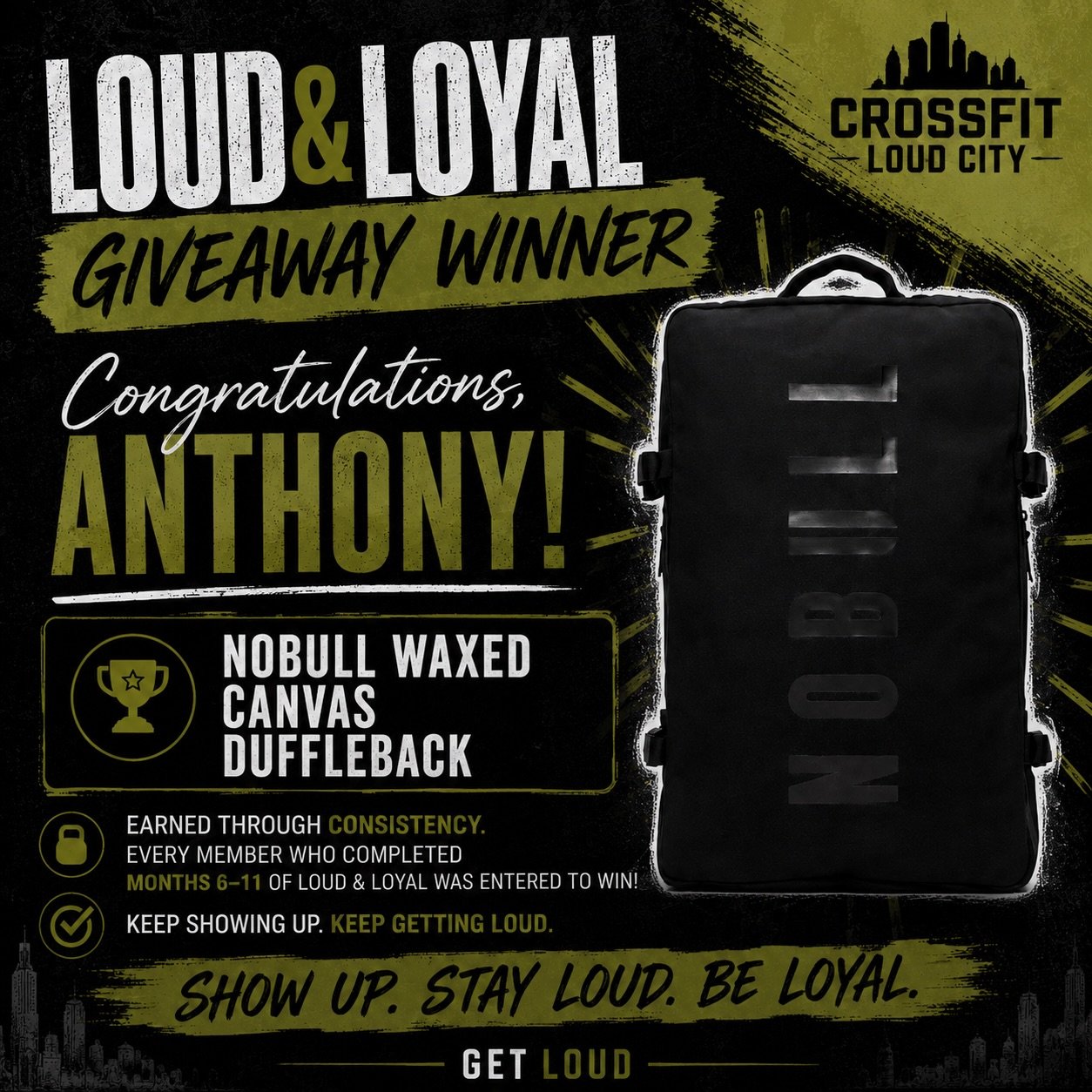 Earned through consistency. Built through showing up. Celebrated the Loud &amp; Loyal way!! 👏🏽🏆Congrats, Anthony!!

Everyone who hit 6&ndash;11 months in the Loud &amp; Loyal Club was automatically entered into a drawing for a NOBULL Waxed Canvas 