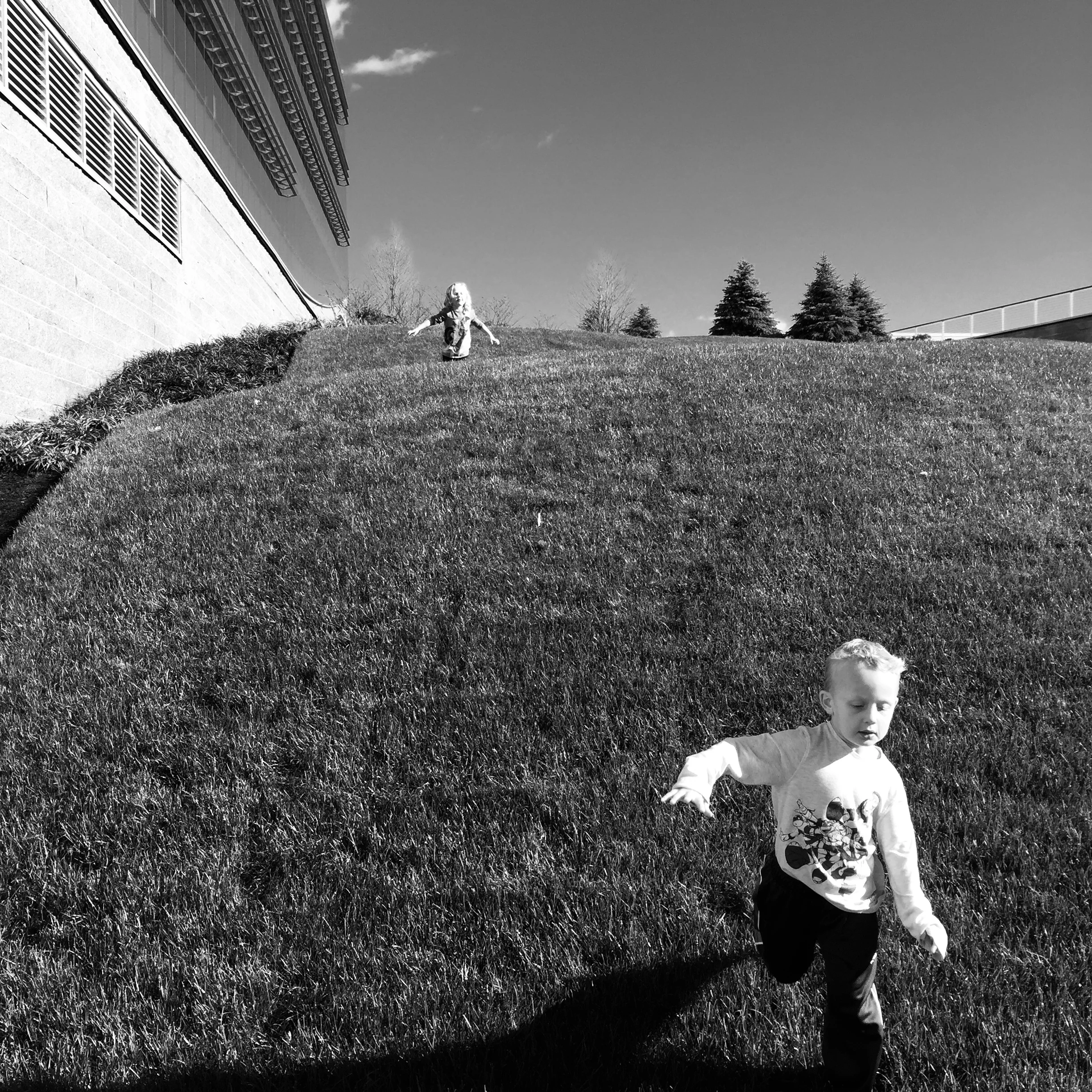 My twin boy running down the hill. His twin sister fell 10 seconds later and we went to the ER.