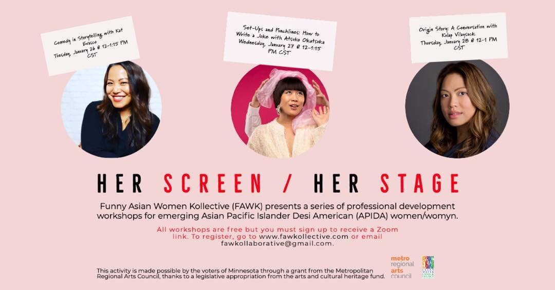 There&rsquo;s still time to sign up for a workshop with one of these amazing artists this week. Register at www.fawkollective.com/her screen @atsukocomedy @iamkulap @katevascostories