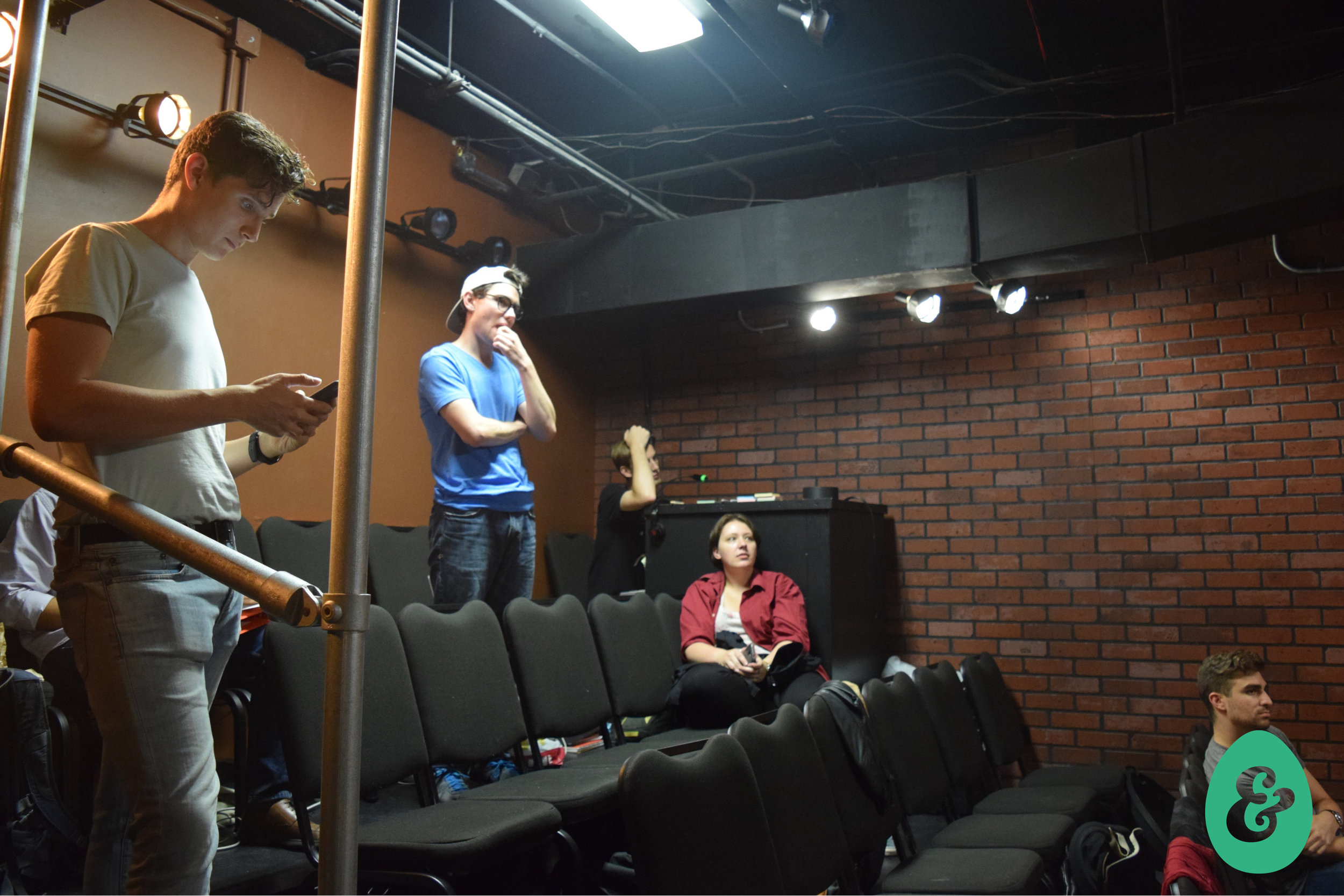  Pascal Portney, director Liam Lonegan, lighting designer Greg Folsom, stage manager Yve Carruthers, and set designer James Scarola share a pause in tech 