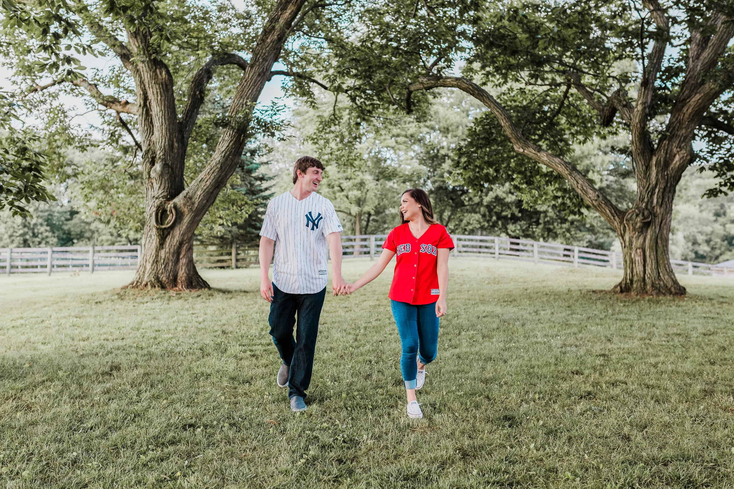 Engagement session couple walking