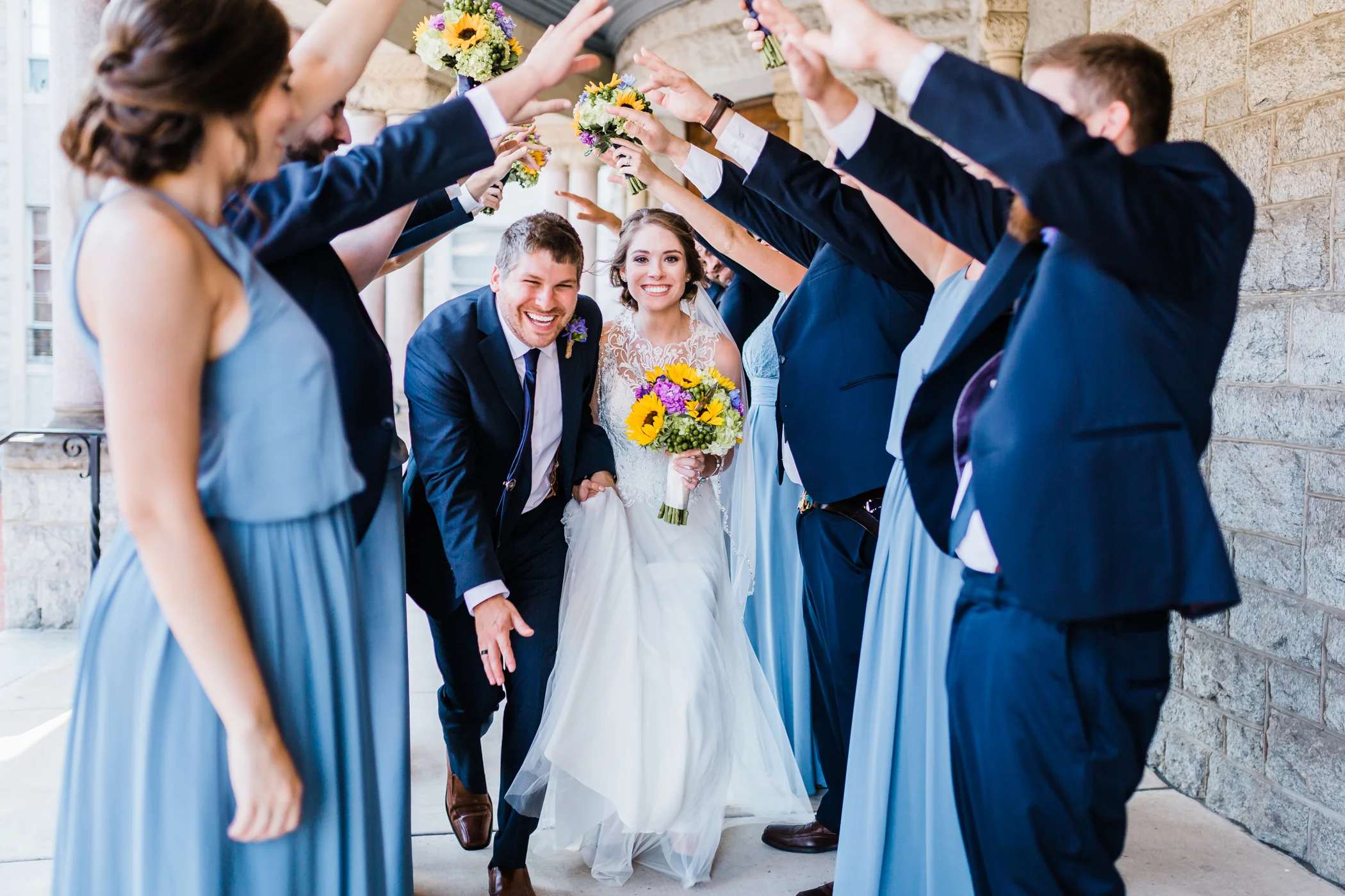 blue weddings and sunflowers - fun bridal party photos - baltimore wedding photographer