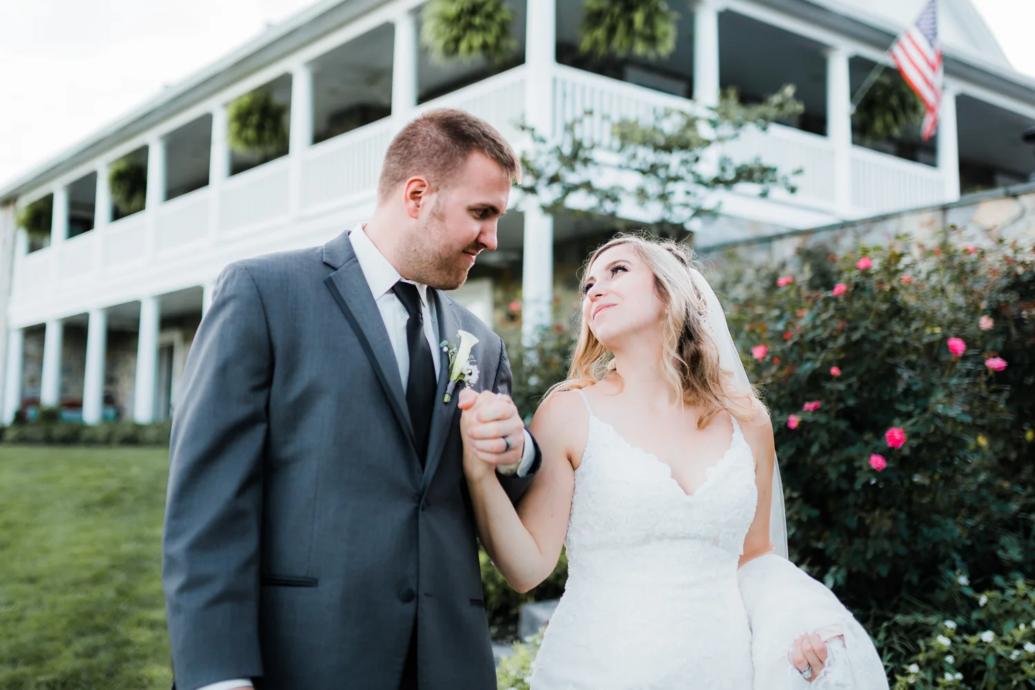 Bride and Groom smiling at each other - Rustic Maryland Wedding
