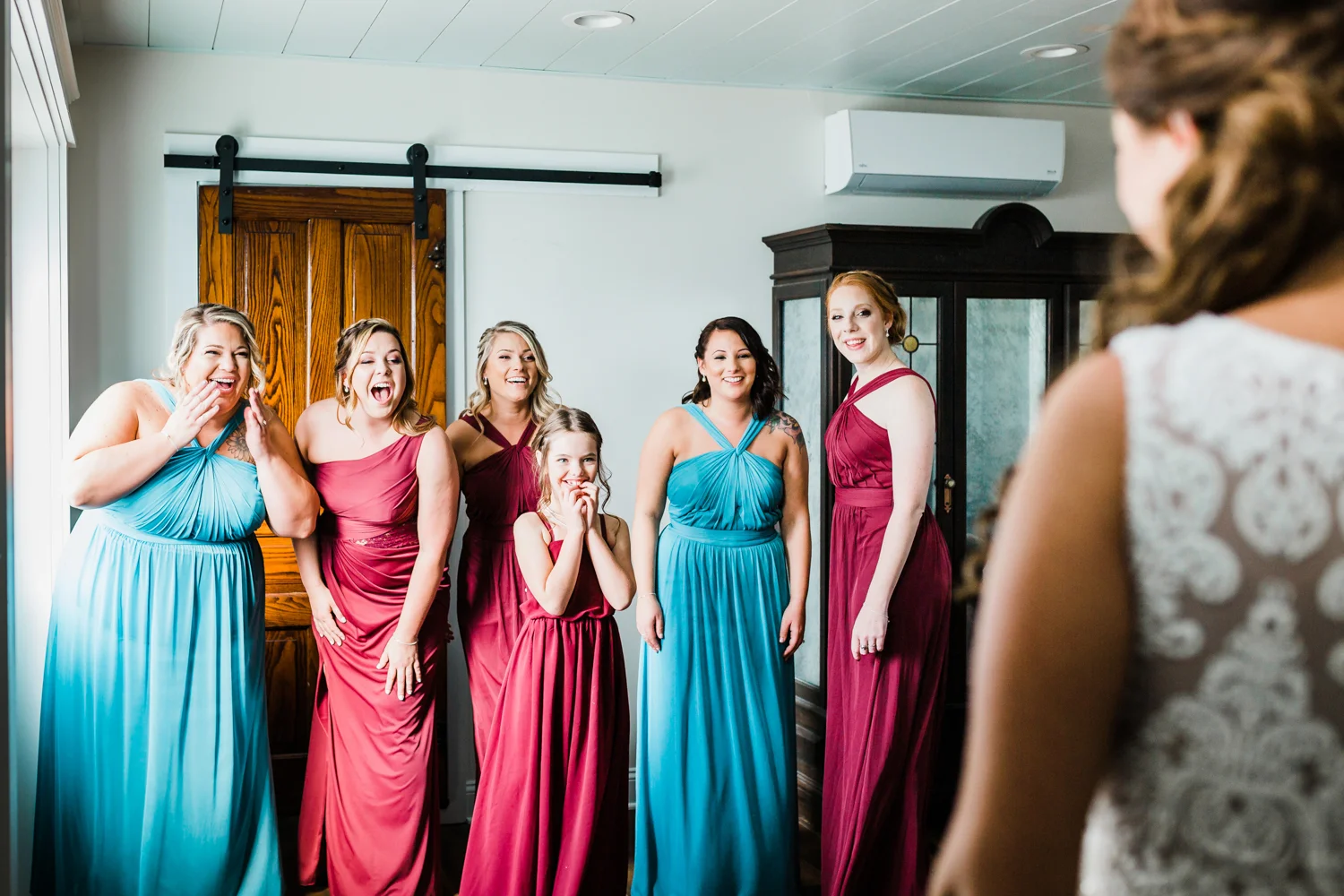 Bride reveals wedding dress to her bridal party - top husband and wife team photo video