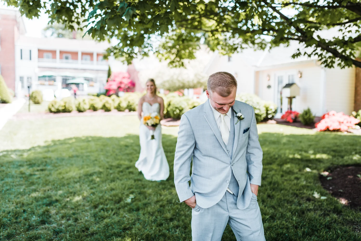 groom waiting to see bride in first look - elegant wedding venues in Maryland Antrim 1844