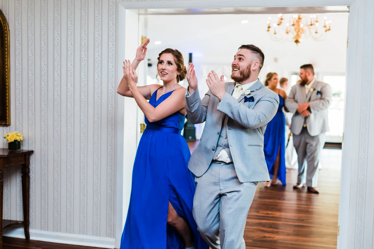 bridesmaid and groomsman being introduced to reception wedding - Antrim 1844