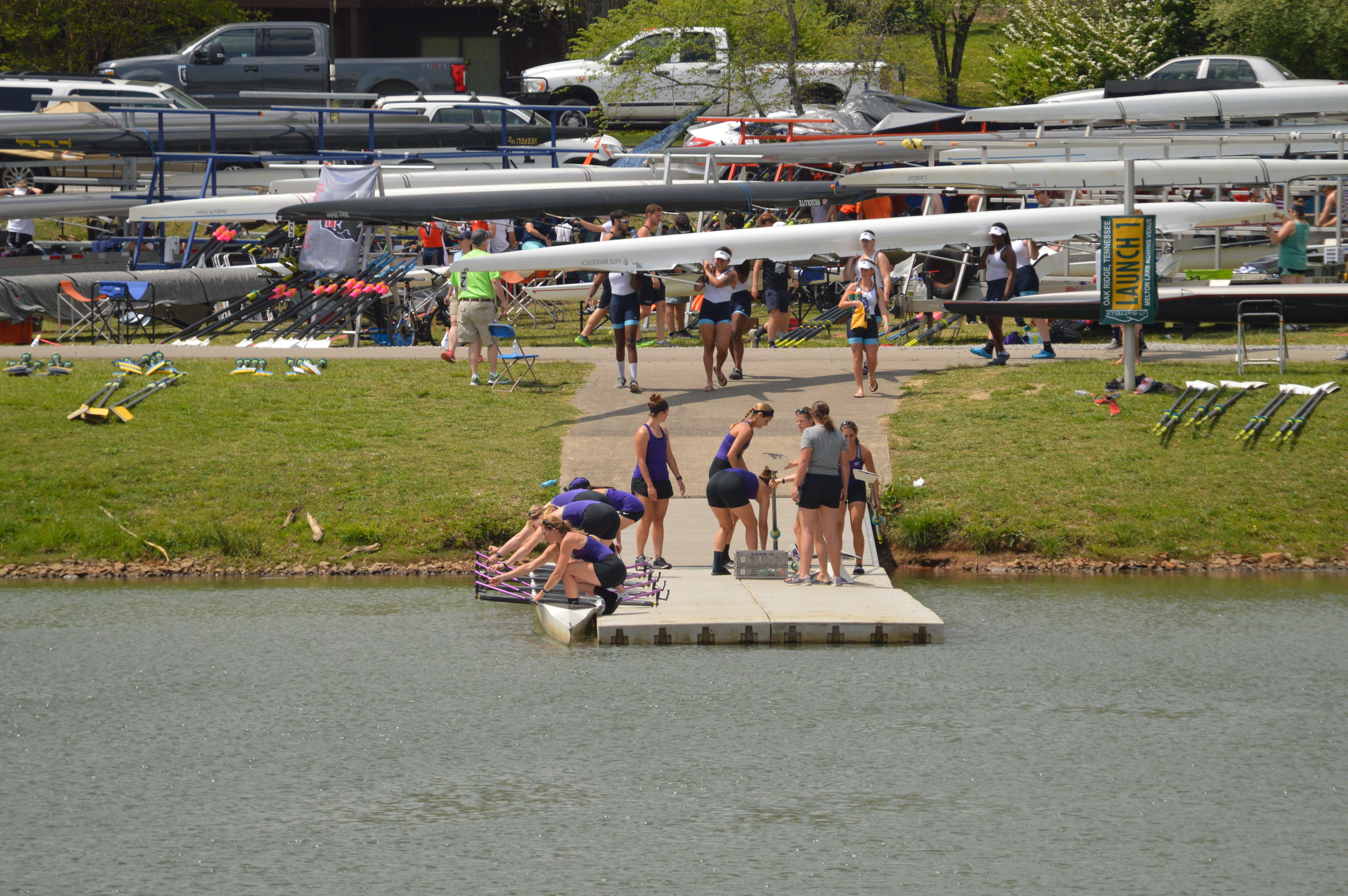  Rowers putting in their boats at Melton Hill Lake. 