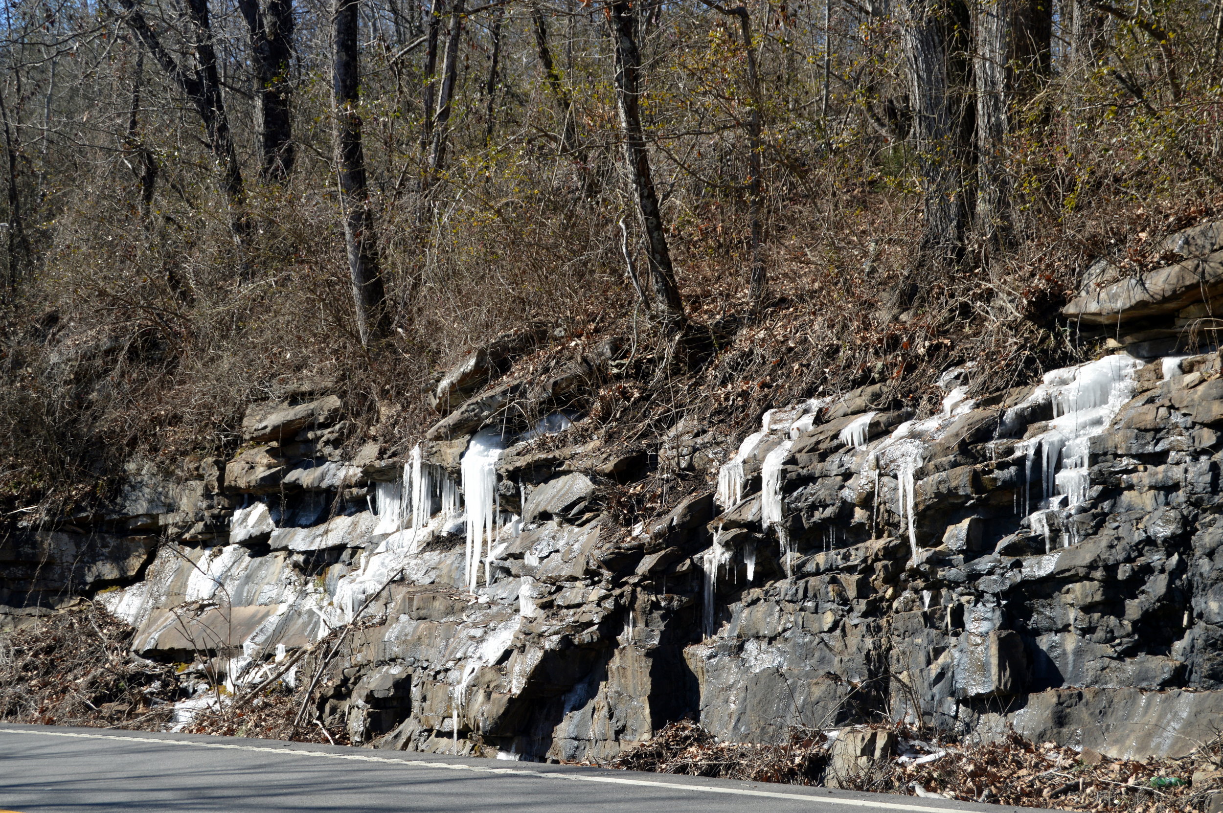  Icicles clinging to the rock walls along U.S. 70 in Cumberland County near Ozone Falls.&nbsp; 