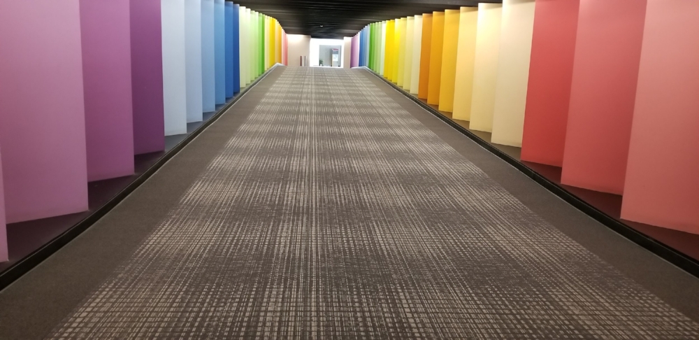 Colorful hallway at the Wells Fargo Center