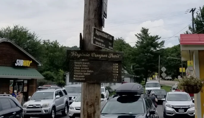 From this spot in Damascus, Virginia you can hike either the Appalachian Trail or the Virginia Creeper Trail.