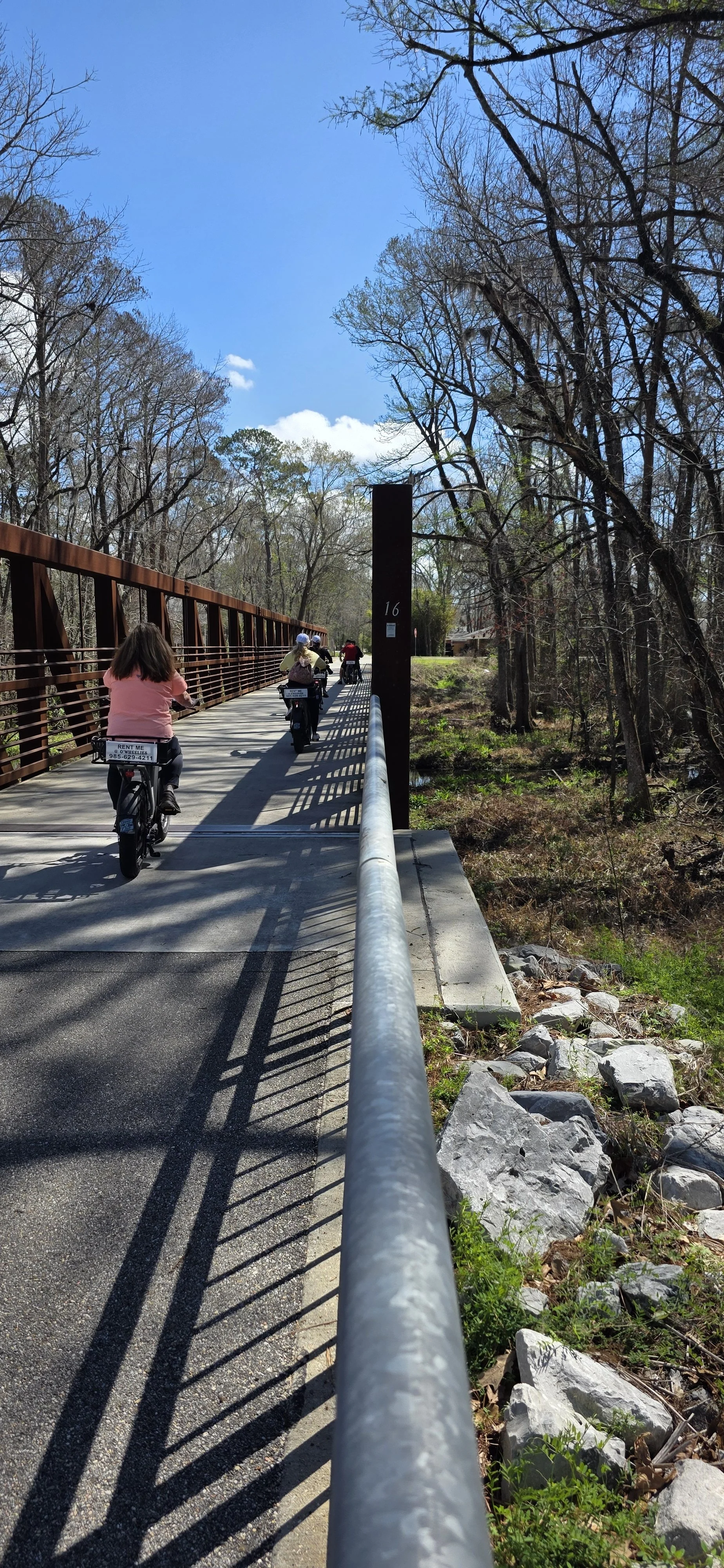 people on bicycles crossing a bridge along the Tammany Trace in Louisiana