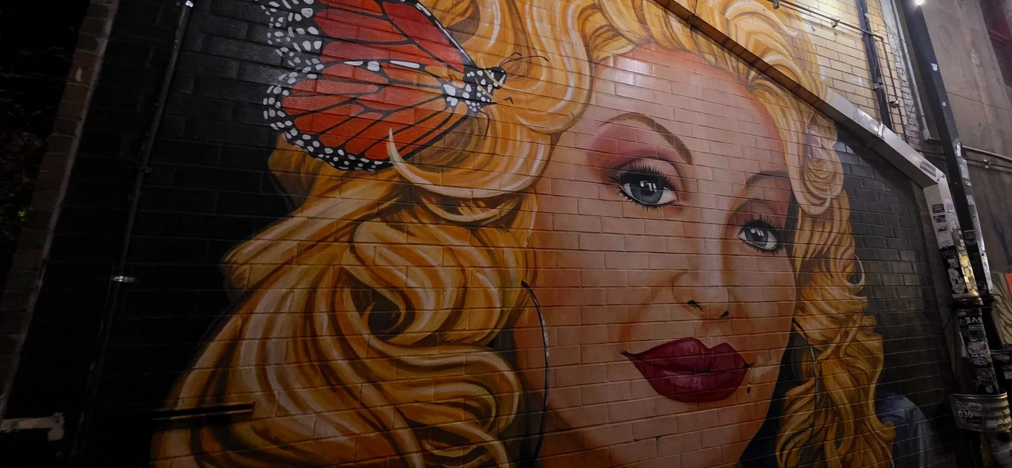 a mural on a brick wall depicting singer Dolly Parton